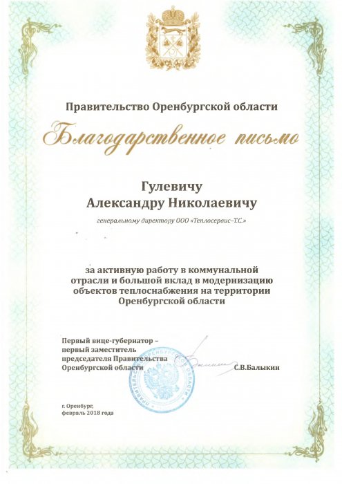 Благодарственное письмо от Правительства Оренбургской области.